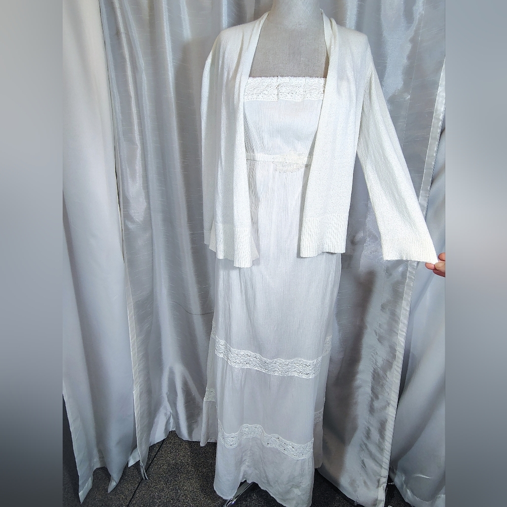 2Pc:Ambercrombie & Fitch Maxi Sheath Halter Dress+CeCe Cardigan Sweater,White,XS